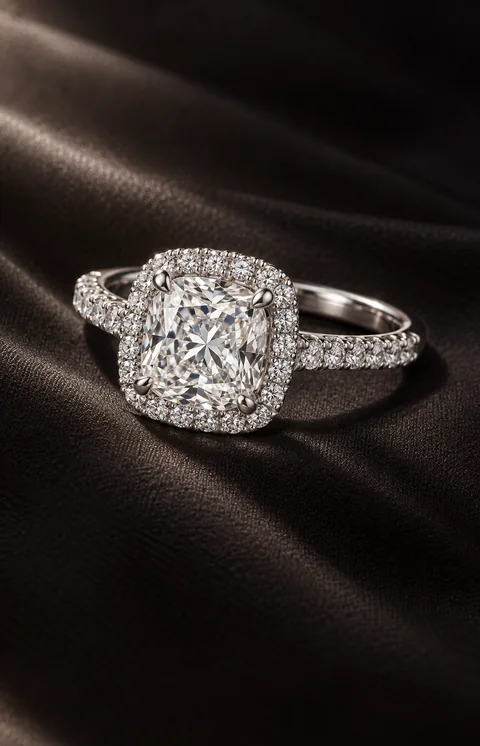 White-gold cushion-cut diamond halo ring with diamond-pavé shoulders on dark charcoal satin.