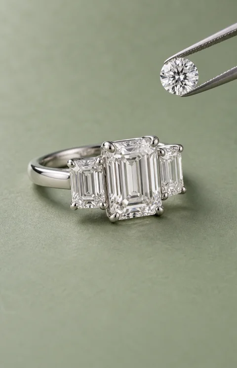 Three-stone emerald-cut diamond ring on a sage work surface beside a round diamond held in jeweller’s tweezers.