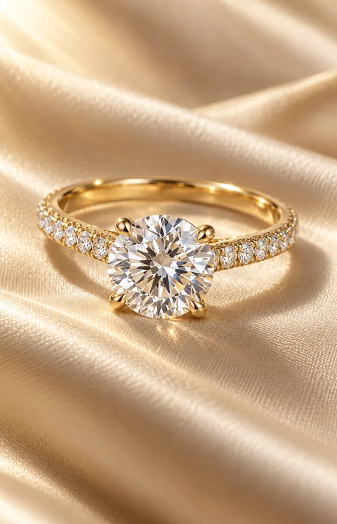Round brilliant diamond solitaire with yellow-gold pavé shoulders resting on champagne silk.