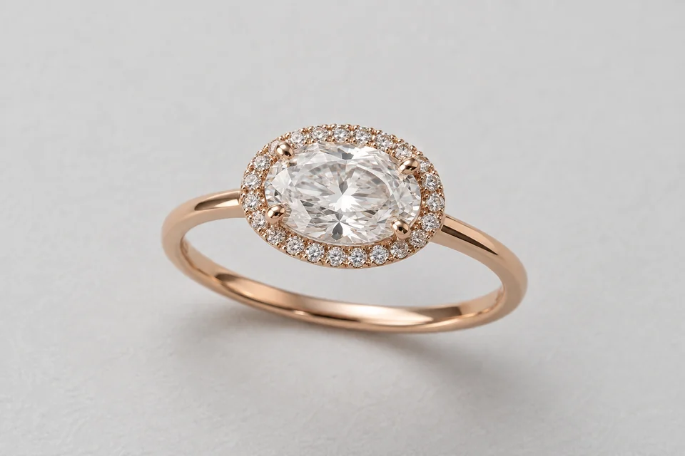 A complete rose-gold ring with an east-west oval diamond and delicate diamond halo on pale paper.