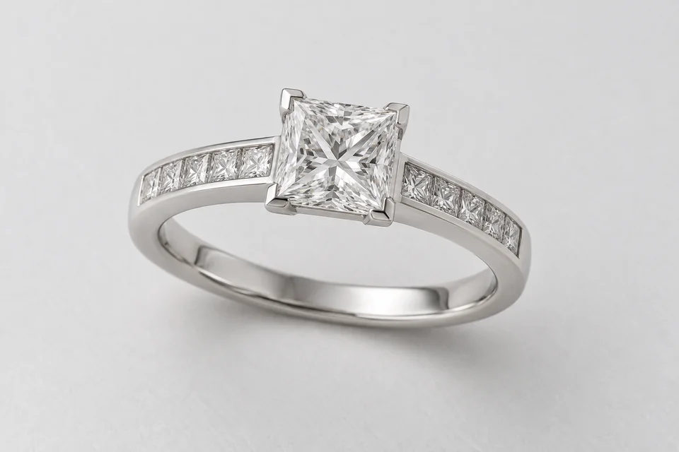A complete white-gold princess-cut diamond ring with channel-set diamond shoulders on pale paper.