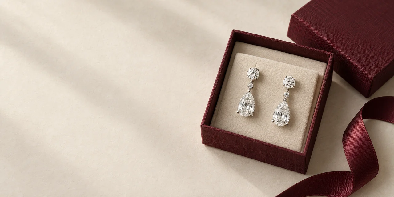 A pair of white-gold pear diamond drop earrings in an open burgundy jewellery box with an ivory insert, beside a loose burgundy ribbon on a warm ivory tabletop.
