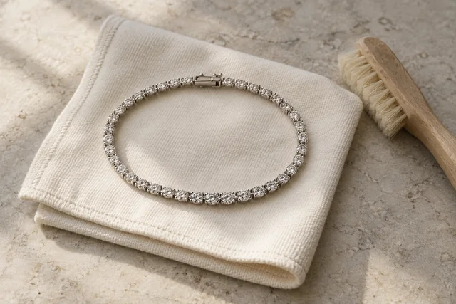 A complete white-gold diamond tennis bracelet on a folded ivory cloth beside a small soft jewellery brush.