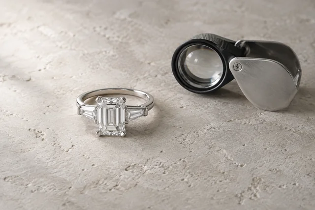 A white-gold emerald-cut diamond ring with baguette side stones beside a jeweller’s loupe on a light stone surface.