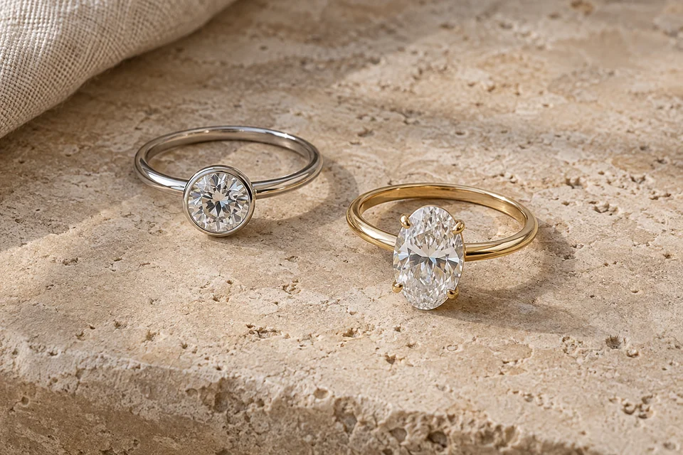 An oval diamond prong ring in yellow gold beside a round diamond bezel ring in platinum on pale limestone.