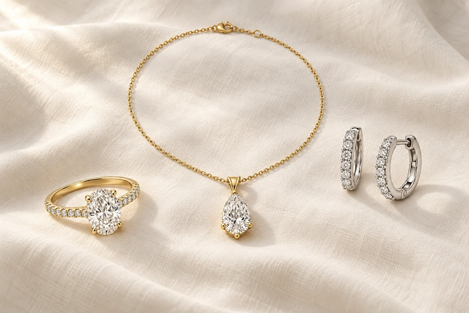 A yellow-gold oval diamond ring, a yellow-gold pear diamond pendant with its complete chain, and a pair of white-gold diamond huggies arranged separately on ivory cotton.