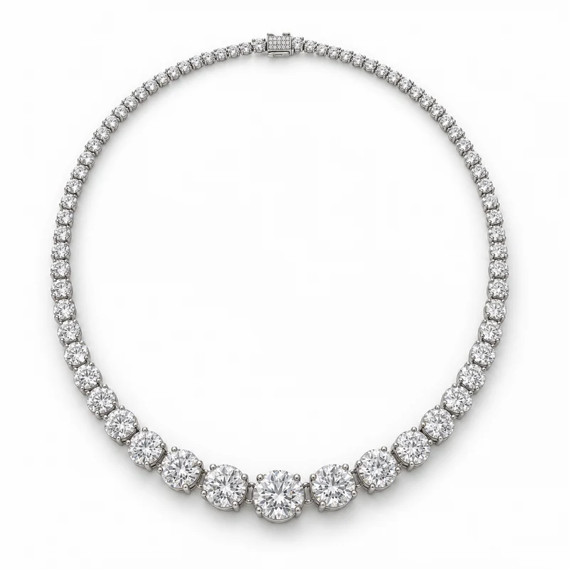 A complete white-gold necklace with graduated round brilliant diamonds on pure white.