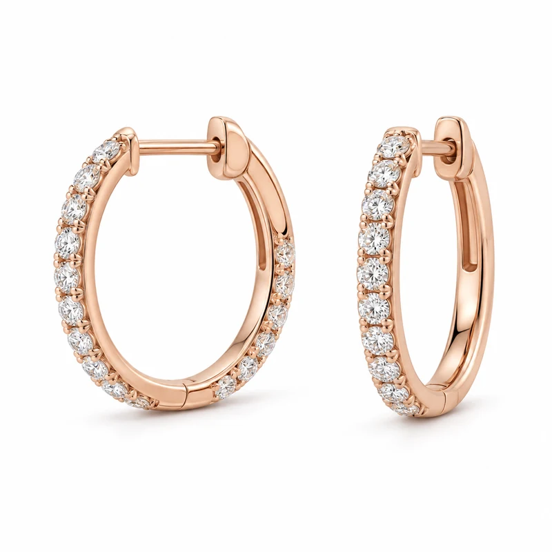 A pair of rose-gold diamond hoops, one frontal and one angled, with complete separate silhouettes on pure white.