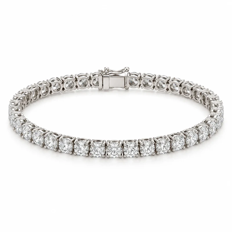 White-gold round-diamond tennis bracelet arranged in a complete oval on pure white.