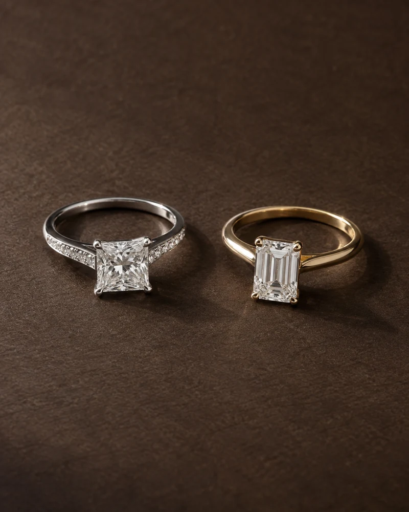 A white-gold princess-cut diamond ring beside a yellow-gold emerald-cut diamond ring on chocolate-brown paper.